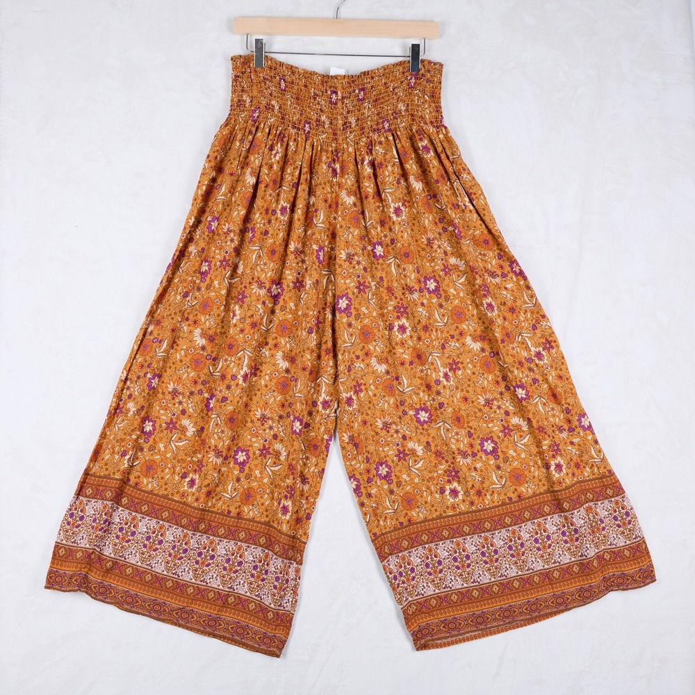 Natural Life Palazzo Pants Large Mustard Yellow Floral Smocked Wide Leg Boho - Picture 2 of 9